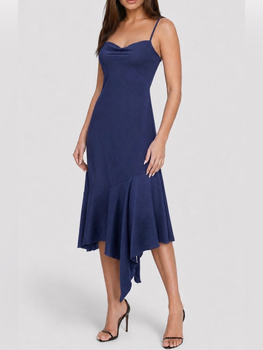 Bebe Crushed Satin Handkerchief  Hem Cocktail Dress Navy NWT- $149 Nordstrom